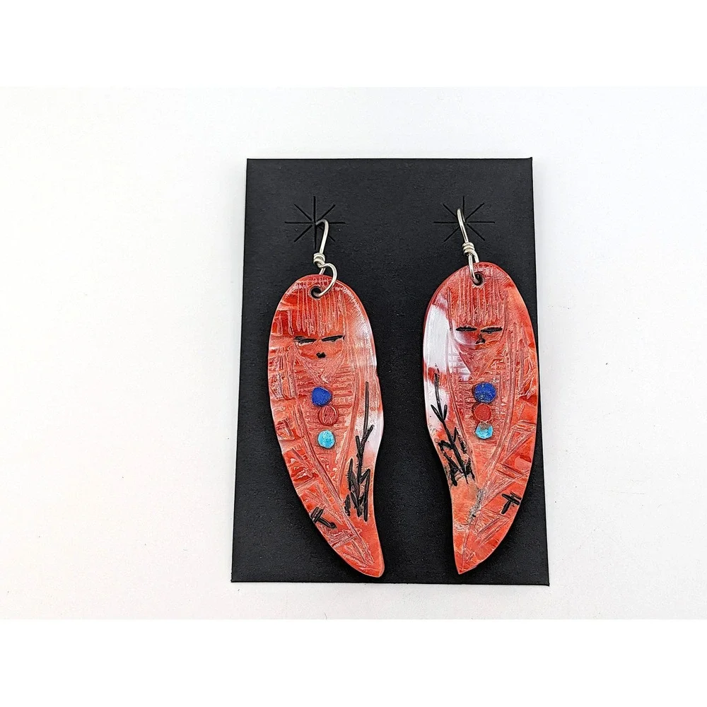 Handmade Native American Earrings Kachina Shell Zuni Pueblo Art by G. Chattin **